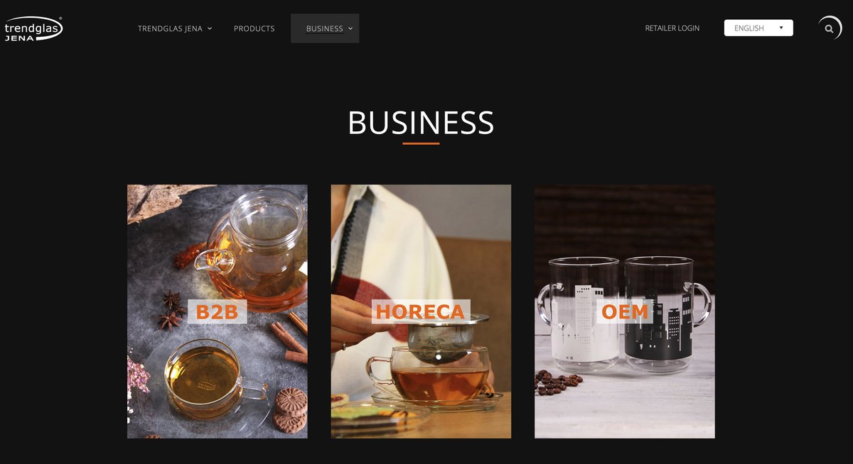 Business-Bereich der Website von Trendglas Jena mit der Auswahl B2B, HORECA und OEM