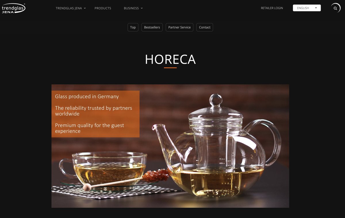 HORECA-Seite von Trendglas Jena mit Teekanne und Teetasse aus Borosilikatglas